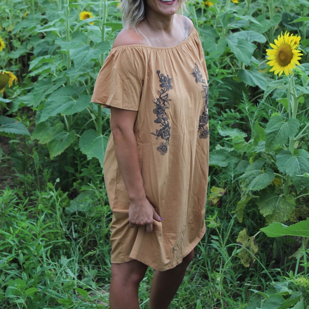 Off the shoulder mustard yellow dress